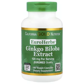 California Gold Nutrition, EuroHerbs, экстракт гинкго билоба, качество Euromed, 120 мг, 180 растительных капсул