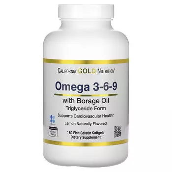 California Gold Nutrition, омега 3–6–9, с рыбьим жиром с омега-3 и маслом из семян бурачника, ЭПК, ДГК, ГЛК и линолевой кислотой, натуральный лимонный вкус, 180 капсул