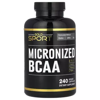 California Gold Nutrition, Sport, микронизированные BCAA, аминокислоты с разветвленной цепью, 500 мг, 240 растительных капсул (250 мг в 1 капсуле)