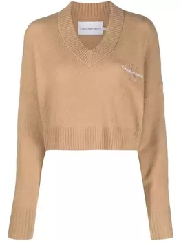 Calvin Klein Jeans укороченный джемпер с V-образным вырезом, нейтральный цвет