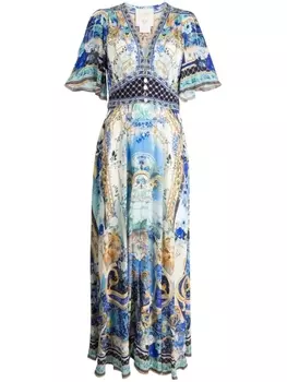 Camilla шелковое платье макси с принтом, синий