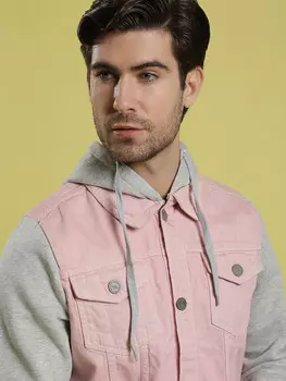 Campus Sutra Мужская стильная повседневная джинсовая куртка с длинными рукавами и цветными блоками, розовый