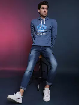 Campus Sutra Мужские стильные повседневные толстовки с капюшоном и длинными рукавами с принтом, синий