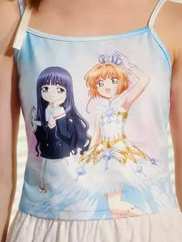 CARDCAPTOR SAKURA | SHEIN Милый и мечтательный вязаный женский топ на бретельках с героями мультфильмов на лето, многоцветный