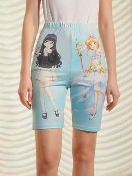 CARDCAPTOR SAKURA | SHEIN Женские облегающие вязаные синие леггинсы с мультяшным принтом, голубой