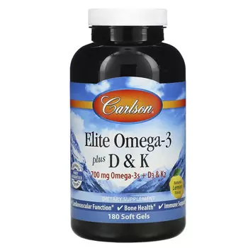 Carlson, Elite Omega-3 с витаминами D и K, натуральный вкус лимона, 180 мягких таблеток