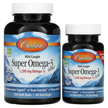 Carlson, Wild Caught Super Omega-3 Gems, высокоэффективная омега-3 из морской рыбы, 600 мг, 100 плюс 30 капсул