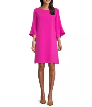 Caroline Rose Julia Платье из матового крепа с рукавами 3/4 и оборками, круглым вырезом и круглым вырезом, розовый