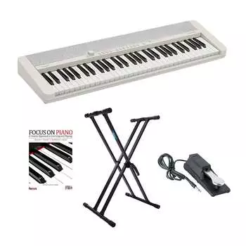 Casio Casiotone CT-S1 61-клавишное портативное фортепиано с сенсорным откликом (белое) в компл. с регулируемой подставкой для клавиатуры Double X, педалью сустейна в стиле фортепиано с клавиатурой и книгой для обучения игре на фортепиано