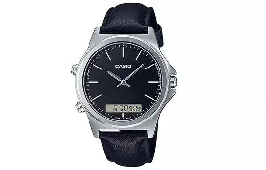 CASIO Часы DRESS с кварцевым механизмом, кожаным ремешком, 46,5 мм, мужские, черный циферблат