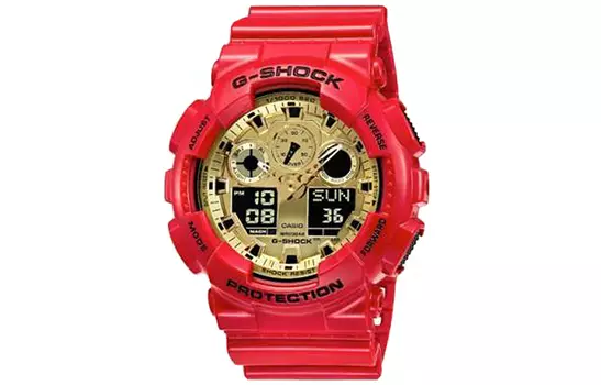 CASIO Часы мужские с двойным дисплеем, кварцевым механизмом, ремешком из смолы, с жидким кристаллом/аналоговым механизмом и желтым циферблатом