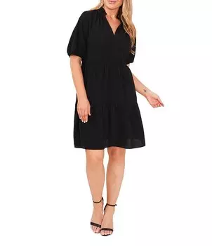 CeCe Многоуровневое платье больших размеров с V-образным вырезом и короткими рукавами, черный