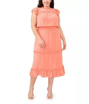 CeCe Плюс Размер Клип в горошек с короткими рукавами и рюшами с круглым вырезом и присборенной талией Многоуровневое платье-миди трапециевидной формы, оранжевый