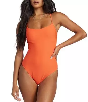 Цельный купальник Billabong с однотонным силуэтом Tanlines в рубчик с овальным вырезом на косточках и бретельками, оранжевый