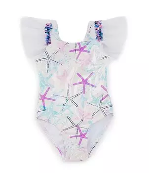 Цельный купальник Flapdoodles Little Girls 2T-6X с принтом морских звезд, белый