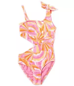 Цельный купальник GB для больших девочек 7–16 лет с принтом и вырезами на одно плечо, оранжевый