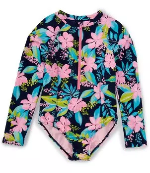 Цельный купальник рашгард с длинными рукавами и частичной молнией спереди для больших девочек 7–16 лет Angel Beach, синий