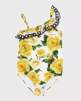Цельный купальник с цветочным принтом для девочек Dolce&Gabbana, цвет Rose Gialle Fdo Bco