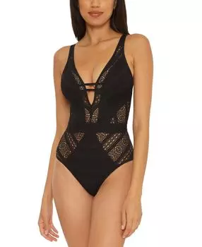 Цельный купальник с глубоким вырезом, связанный крючком, color play Becca, черный