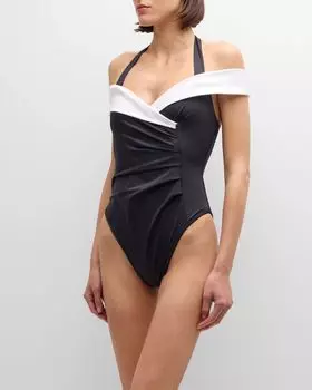Цельный купальник с открытыми плечами и бретелькой на шее Balmain, цвет Blackwhite