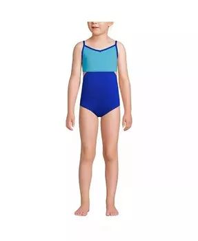 Цельный купальник с защитой от хлора для девочек с X-образной спинкой и вырезами Lands' End, синий