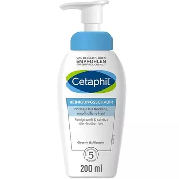 CETAPHIL Очищающая пенка 200 мл Очищающее средство для лица для нормальной, сухой, чувствительной кожи Мягкое очищение Удаляет кожный жир Защищает кожный барьер с помощью глицерина и керамидов