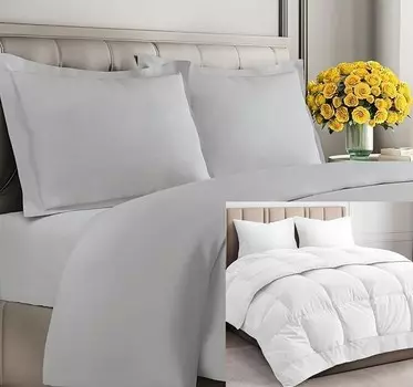 CGK Unlimited Французское серое пуховое одеяло с одеялом (Cali King) — Очень мягкий пододеяльник с 1 наволочкой — Альтернативное белое пуховое одеяло — Роскошный постельный комплект