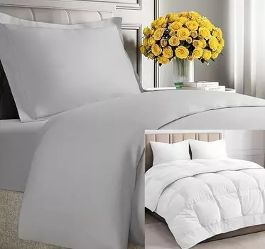 CGK Unlimited Французское серое пуховое одеяло с одеялом (размер Twin/TXL) — Очень мягкий пододеяльник с 1 наволочкой — Альтернативное белое пуховое одеяло — Роскошный постельный комплект