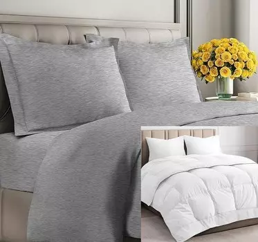 CGK Unlimited Серое пуховое одеяло с пододеяльником (полное) — Очень мягкий пододеяльник с 1 наволочкой — Белое альтернативное пуховое одеяло — Роскошный постельный комплект