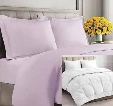 CGK Unlimited Светло-лавандовое пуховое одеяло с одеялом (Queen) — Очень мягкий пододеяльник с 1 наволочкой — Белое альтернативное пуховое одеяло — Роскошный постельный комплект