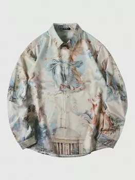 Cha5rlie Мужская рубашка с длинными рукавами в стиле ретро с уличным рисунком, осенняя одежда На осень и зиму Shein, мультиколор