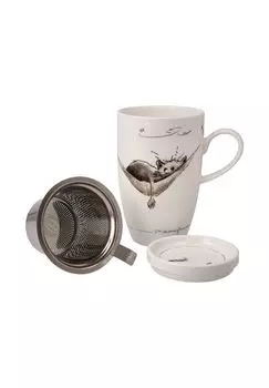 Чайная чашка с крышкой и ситечком Питер Шнеллхардт обеденный перерыв Goebel, черно-белый