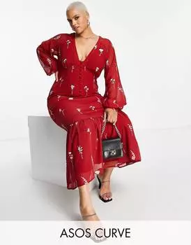 Чайное макси-платье макси с вышивкой ASOS DESIGN Curve на пуговицах темно-красного цвета