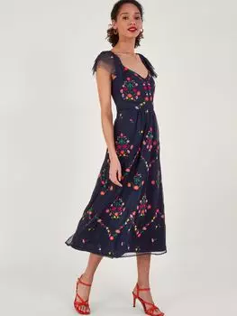 Чайное платье миди Monsoon Bonnie с цветочной вышивкой, Темно-синий/Мульти