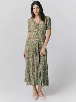 Чайное платье миди на пуговицах с фло пейсли из крепа Ghost, цвет Olive/Multi