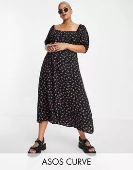 Чайное платье миди с чашечками на пуговицах ASOS DESIGN Curve с принтом вишни ASOS DESIGN