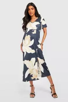 Чайное платье миди с цветочным цветом для материалов Boohoo, черный