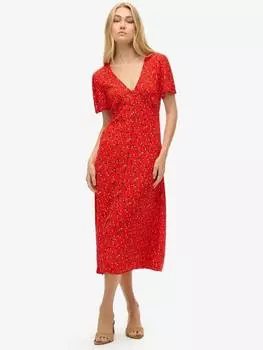 Чайное платье миди с коротким рукавом на пуговицах с принтом Superdry, цвет Rosy Ditsy Red