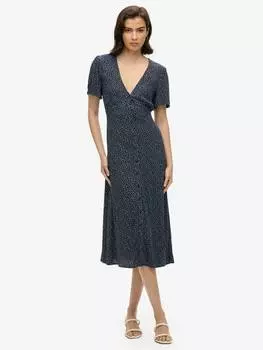 Чайное платье миди с коротким рукавом на пуговицах с принтом Superdry, цвет Disty Flower Navy