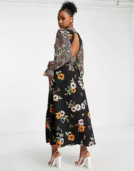 Чайное платье миди с открытой спиной и смешанными цветочными принтами ASOS DESIGN