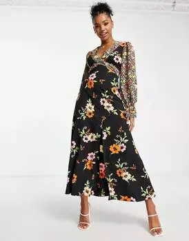 Чайное платье миди с открытой спиной и смешанными цветочными принтами ASOS