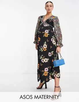 Чайное платье миди с открытой спиной и цветочным принтом ASOS DESIGN Maternity