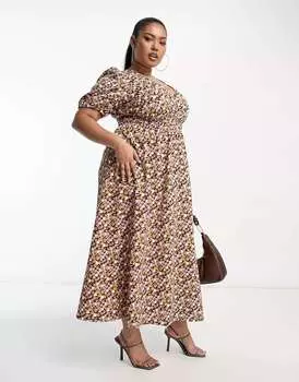 Чайное платье миди с присборенной талией и объёмными рукавами ASOS DESIGN Curve в мелкий принт