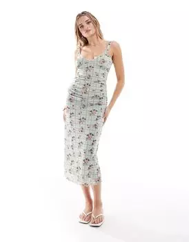 Чайное платье миди с сетчатыми бретелями и швами на груди ASOS DESIGN с цветочным принтом