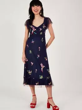 Чайное платье миди с украшением Monsoon Helena, темно-синий