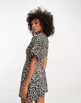Чайное платье мини с леопардовым принтом и пуговицами ASOS DESIGN