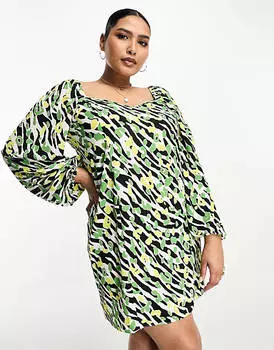 Чайное платье мини с расклешенными рукавами ASOS DESIGN Curve с абстрактным зебровым принтом