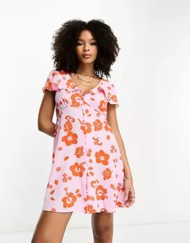 Чайное платье мини с розово-красным цветочным принтом и пуговицами ASOS DESIGN