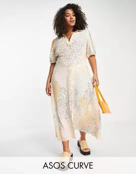 Чайное платье-рубашка миди на пуговицах спереди ASOS DESIGN Curve с разноцветным цветочным принтом ASOS DESIGN