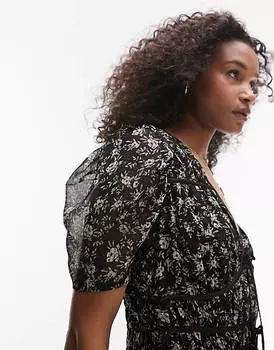 Чайное платье с однотонным цветочным принтом и завязками спереди Topshop
